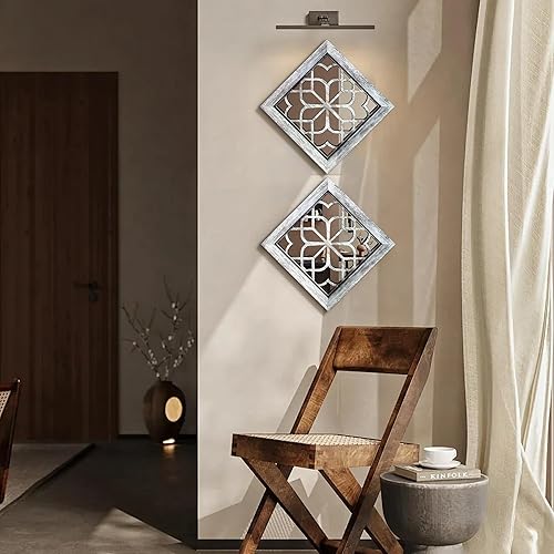 Miniatura 7 de Espejo de pared bohemio, juego de 2 espejos rústicos de acento de granja, espejos vintage estilo cuadrado a prueba de roturas de 12x12 pulgadas para