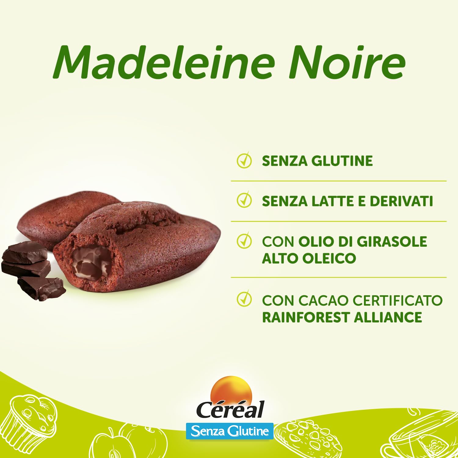 Céréal Madeleine Noire, Merendine Senza Glutine e Lattosio, Dolci Senza latte, Dolci con cioccolato fondente certificato RFA, 200 g