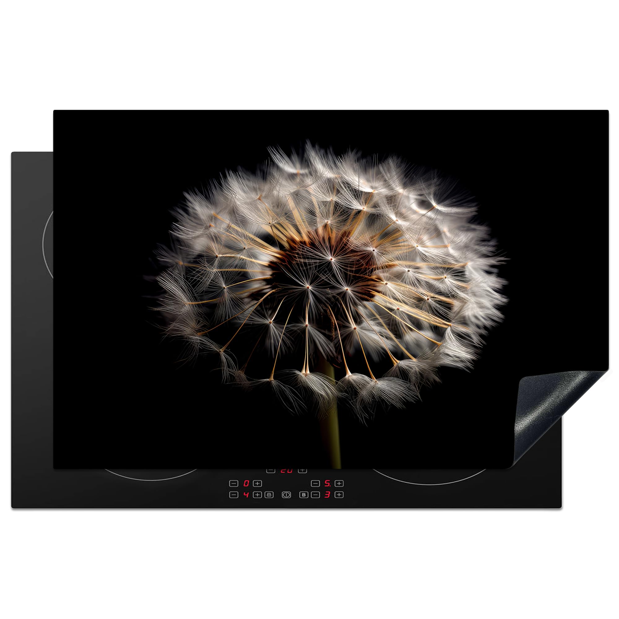 KitchenYeah© Herdabdeckplatte Einteilig Ceranfeld Abdeckplatte Küche Deko Ceranfeldabdeckung Herdabdeckung Induktionsmatte Blumen - Natur - Löwenzahn - Schwarz und Weiß - Pusteblume - 81.6x52.7 cm