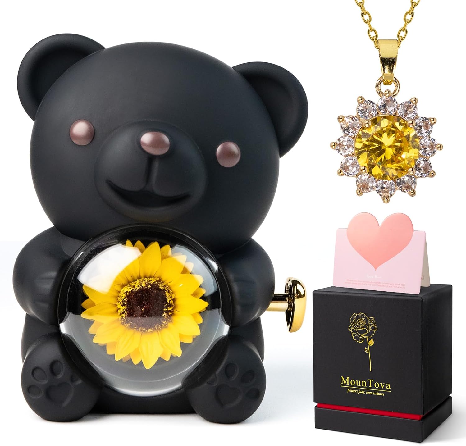 Gifts for Women Birthday Valentines Day, Lucky Sunflower Bear with Necklace & Gift Box for Mom Daughter Sister, Anniversary Wedding Gift for Wife Girlfriend, Surprise Jewelry Box, Black - Image 2