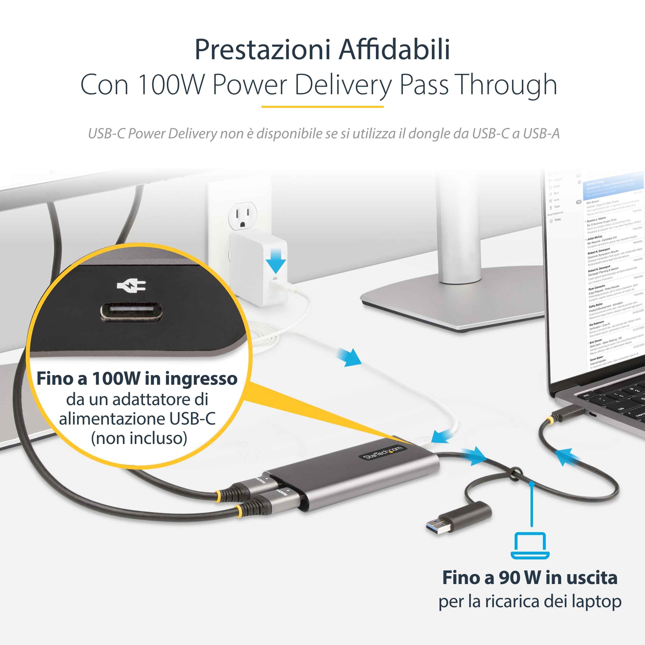 StarTech Adattatore USB-C e USB-A a 2x HDMI 4K 60Hz, 100W PD, DisplayLink | Compatibile con Windows e Mac, Alimentazione Pass-Through per Laptop