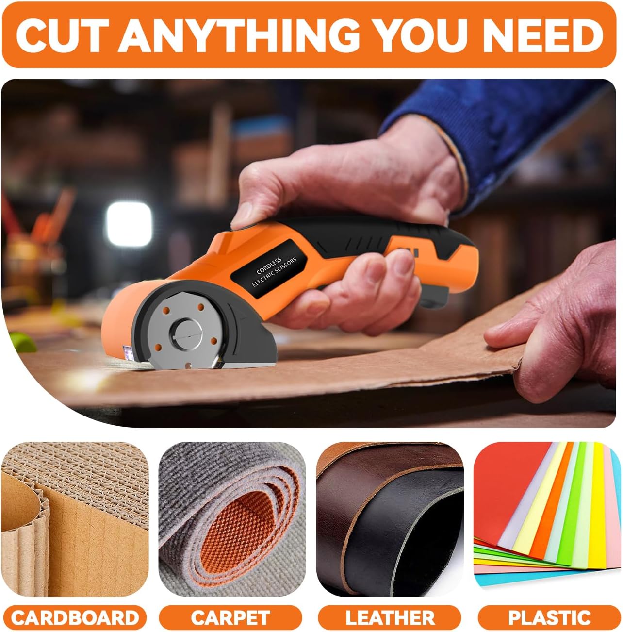 Cordless Electric Scissors,4V Rechargeable Cardboard Cutter Heavy Duty Scissor with Safety Lock & LED Light for Box Carpet Plastic Fabric(Orange)