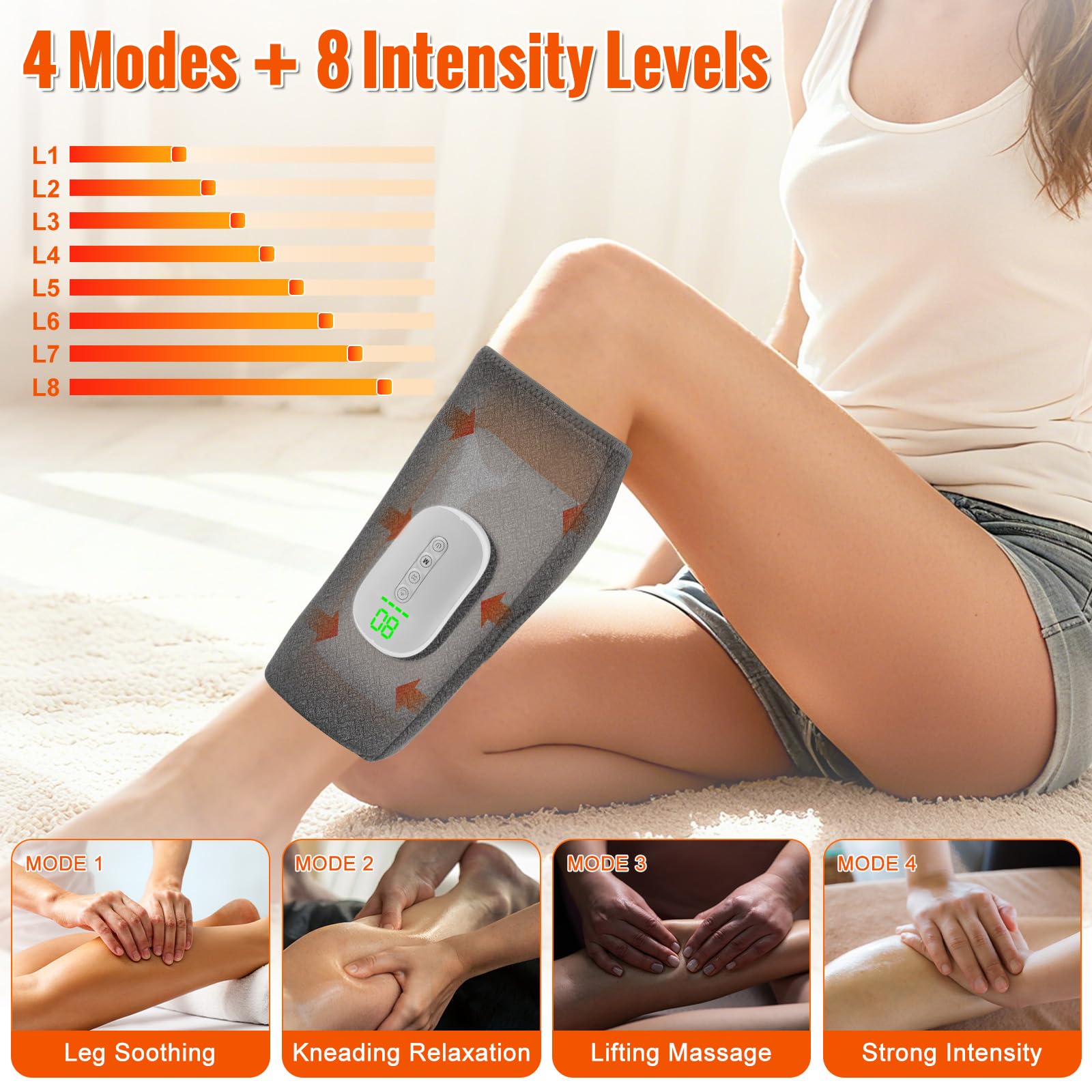Beinmassagegerät, Elektrisches Wadenmassagegerät mit 4 Modi, 8 Intensitätsstufen, 4 Heizstufen und 2000-mAh-Akku, zur Förderung der Durchblutung, Schmerzlinderung (1pc)