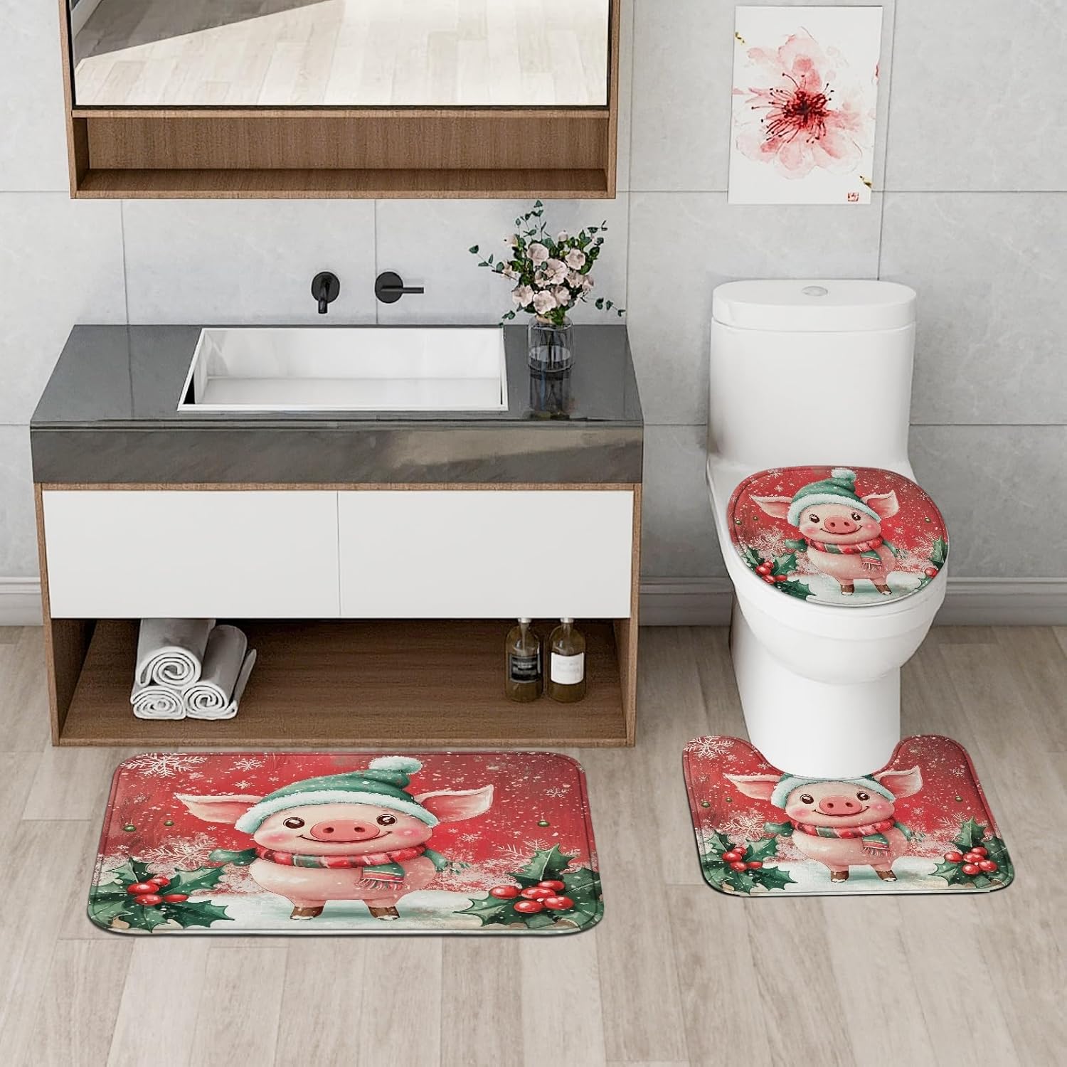4PCS Fun Christmas Pig Bathroom Sets, Bath Accessory with Non-Slip Rug, U Shape and Toilet Lid Cover Mat, Kid Xmas Cute Animal Snow Bathroom Decor-72''x72''