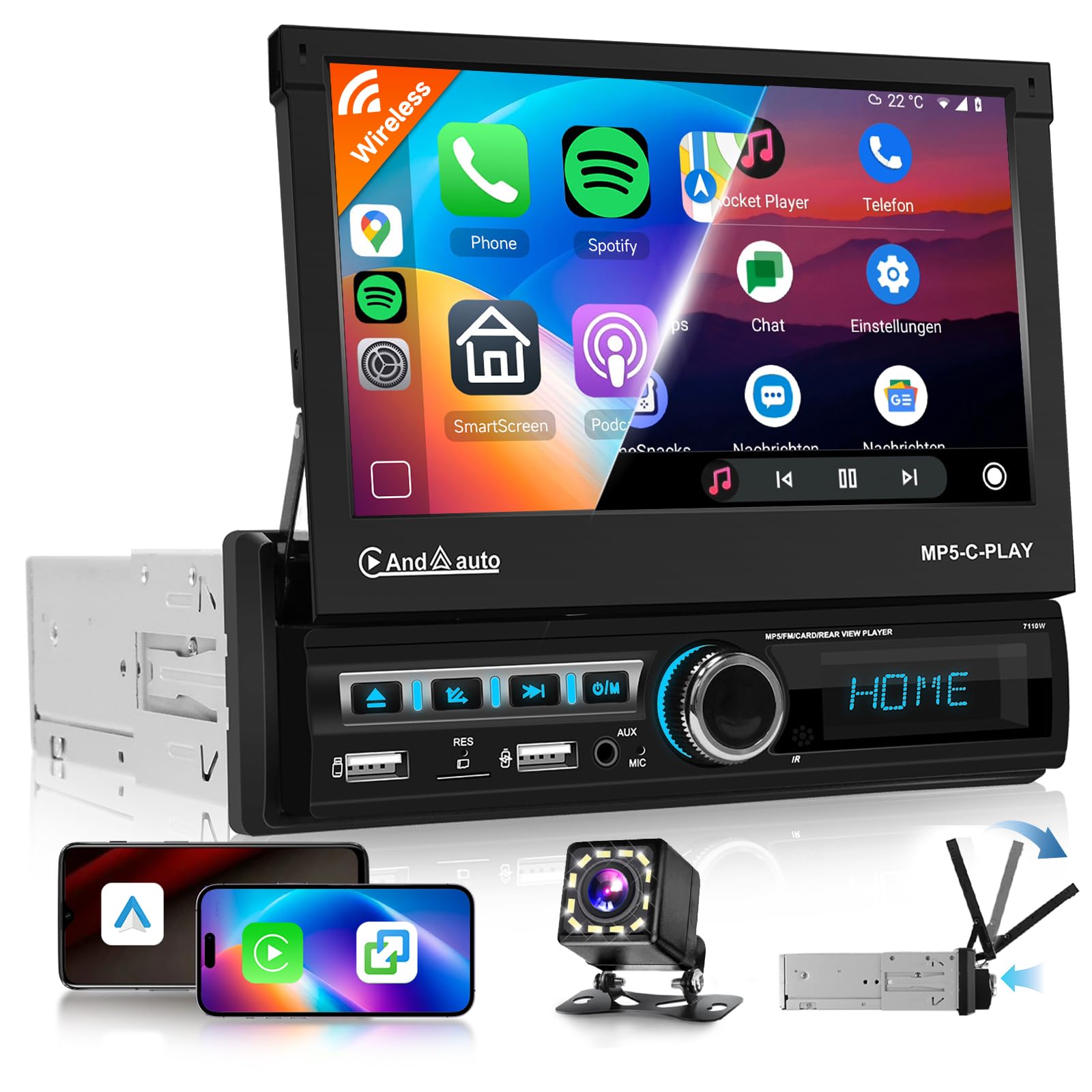 Radio para Coche 1 DIN Carplay Android Auto Inalámbrico con Pantalla retráctil eléctrica 7“,Radio FM 1 DIN con Bluetooth,GPS/Navegación,Mirror Link 2 USB/AUX/SD con cámara de visión Trasera