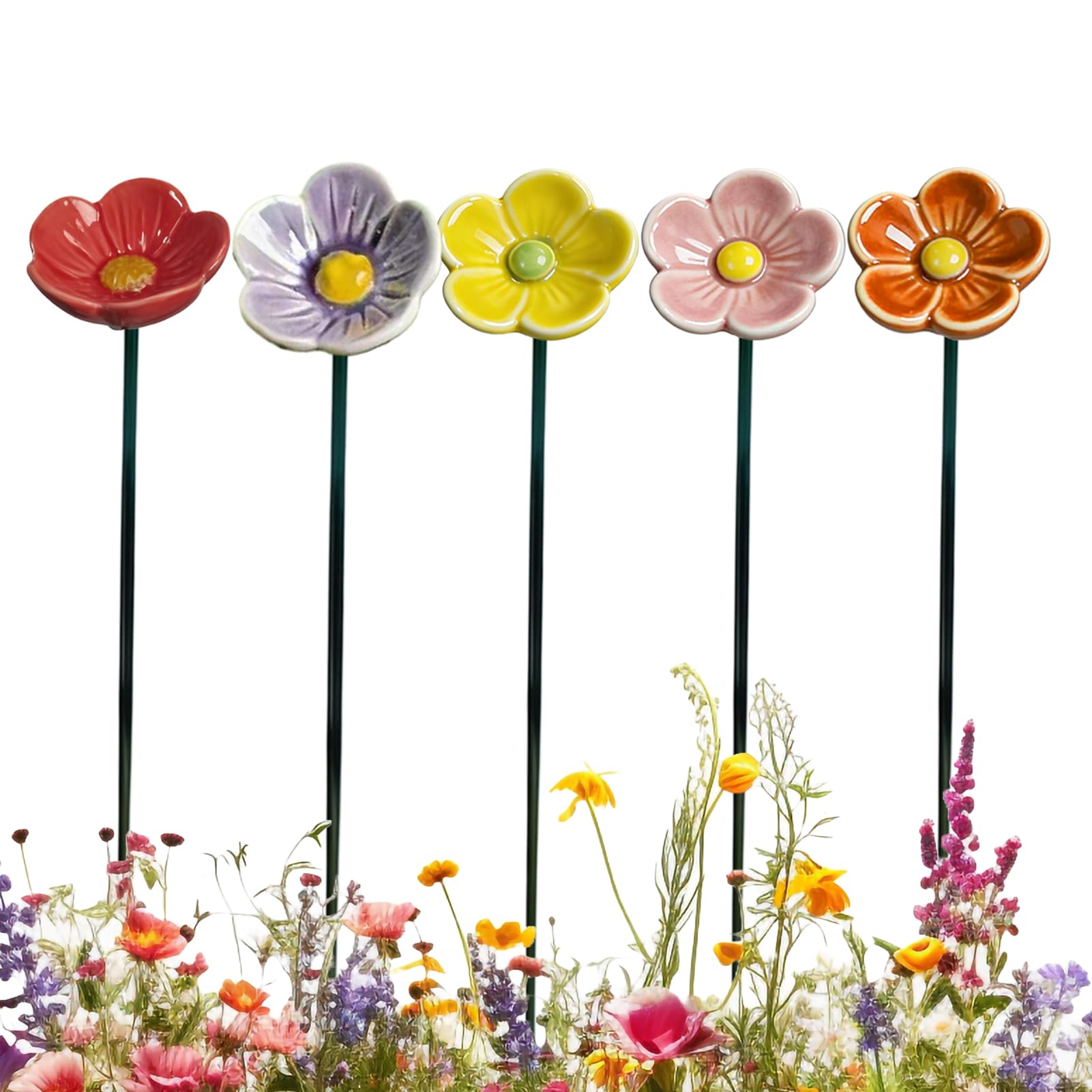5PCS Ceramics Flowers for Garden Bee Bath and Watering Station, Bee Baths for Garden, Colorful Decorative Stake Bird Feeder Cups for Pollinators and Butterflies, Outdoor Floral Yard Hydration Bowl