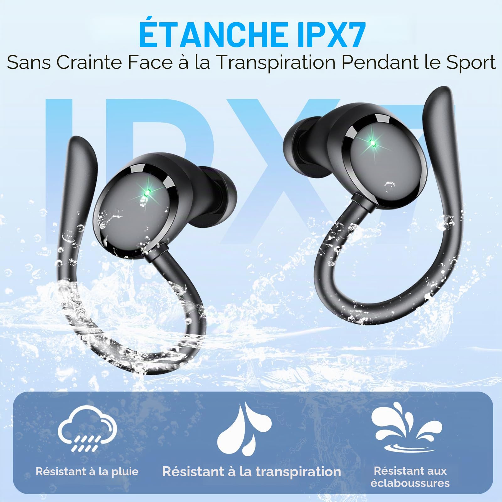 Ecouteurs Bluetooth 5.3 sans Fil, Headphones HiFi Stéréo, Réduction de Bruit ENC 40dB, Casque Sport Écran LED, Écouteurs Étanche IPX7 pour Entraînement/Course à Pied (Noir)