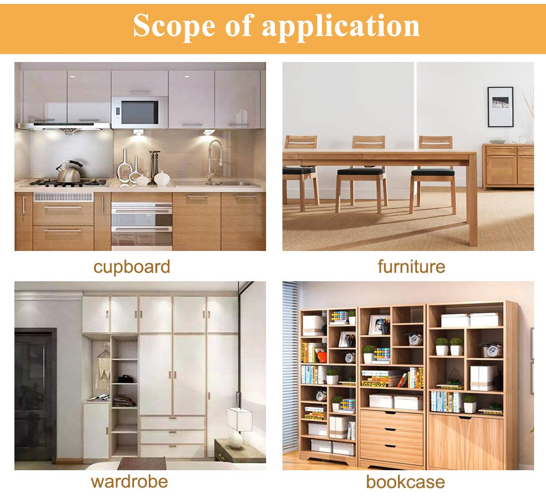 Four examples of furniture where the cam lock fittings can be used: a kitchen cupboard, general furniture, a wardrobe, and a bookcase.