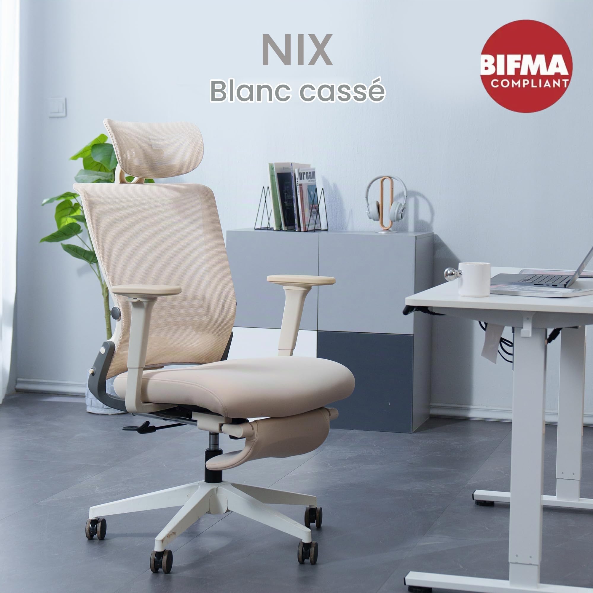 FLEXISPOT Foldex Chaise Bureau Pliante, Chaise Ergonomique avec Support Lombaire, Accoudoirs Réglables en Hauteur, Appui-Tête 2D, Chaises de Bureau avec Repose-Pieds, Beige