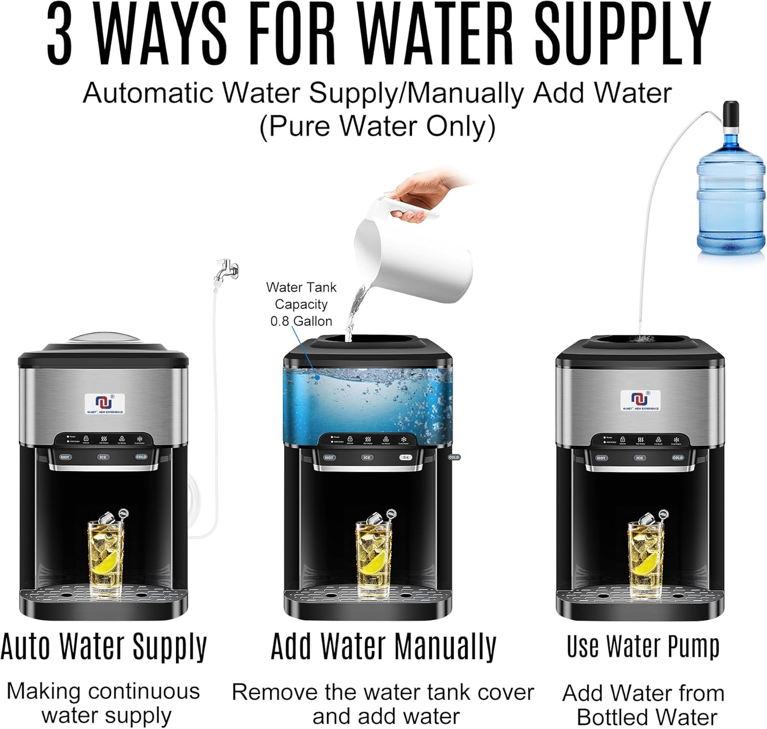 Three water supply methods for NUNET dispenser
