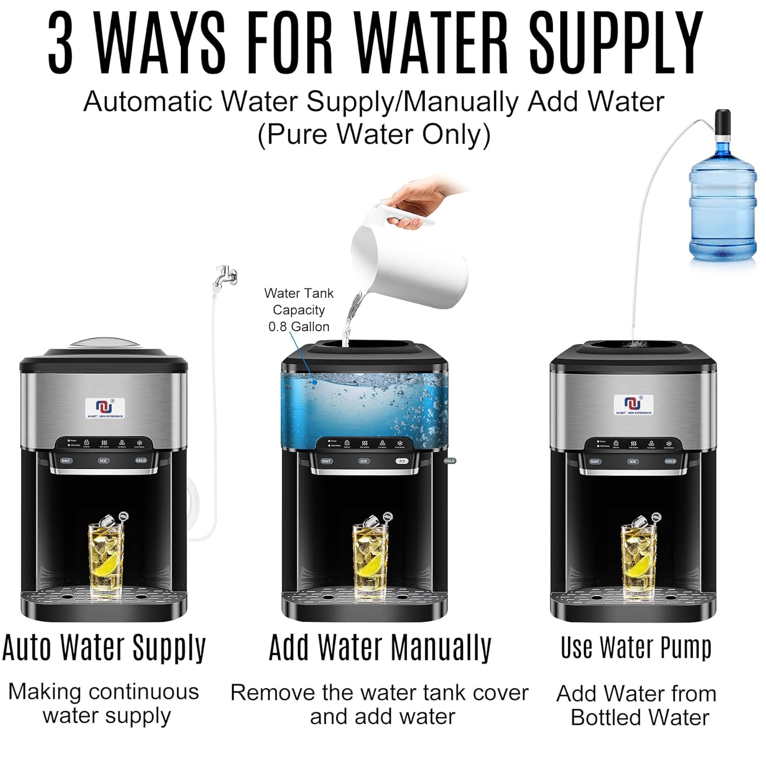 NUNET 3-in-1 Ice Maker Water Dispenser Water Cooler Filled by Water Line w. 10ft Water Inlet Hose 1/2" &1/4" Connector Hot/Cold Water Ready Makes 44 lbs Ice Daily Stores 4lb Ice