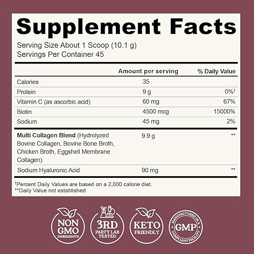 Miniatura 3 de Polvo de péptidos de colágeno múltiple tipo I, II, III, V, X Polvo de proteína de colágeno múltiple con ácido hialurónico, biotina, vitamina C