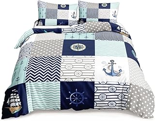 HOSIMA Nautical Bedding Set Queen,Plaid Patchwork Ocean Themed Bedding Sets Queen Sailboat and Anchor Print Bedroom Decor for Women Girls Boys Kids,Navy Blue Zip Up Bedding with 2Pillowcases.