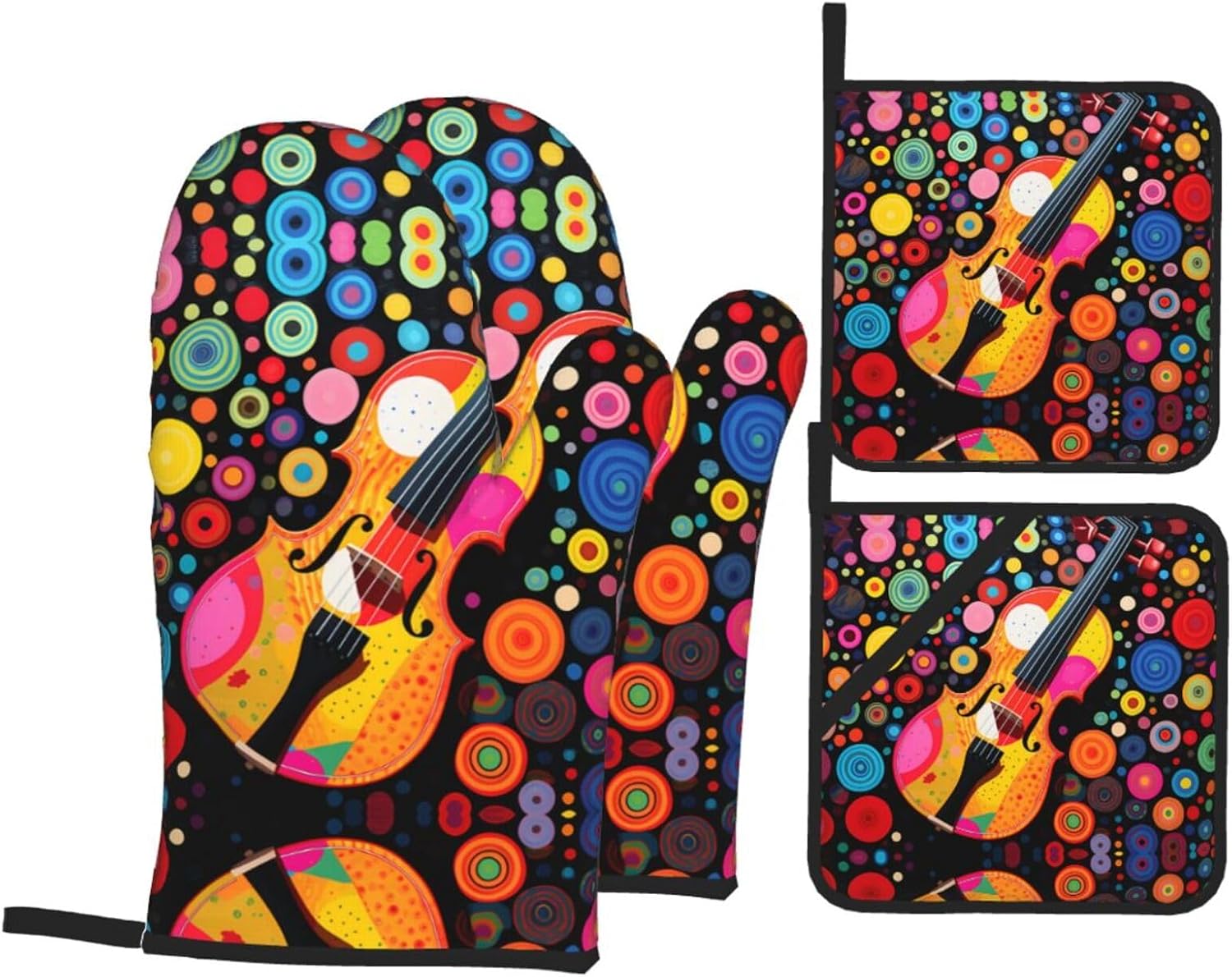 Violin Polka Dot Chart Printed Oven Mitts + Potholders 4-Piece Set - Great for BBQ Party Cooking
