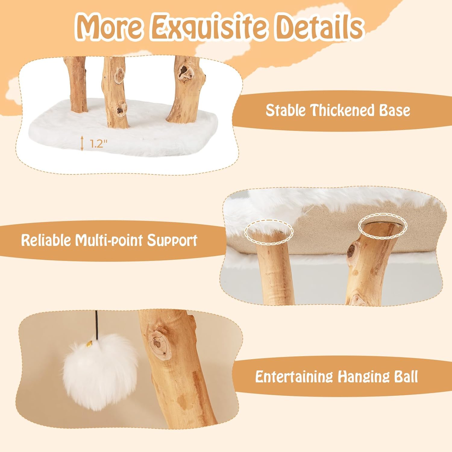 PETSITE 44 inch Wood Cat Tree, Modern Wooden Cat Tower with Jute Scratching Posts, Top Perch, Soft Long Plush and Dangling Ball, Pear Wood Branches Cute Cat Tree for Indoor Cats
