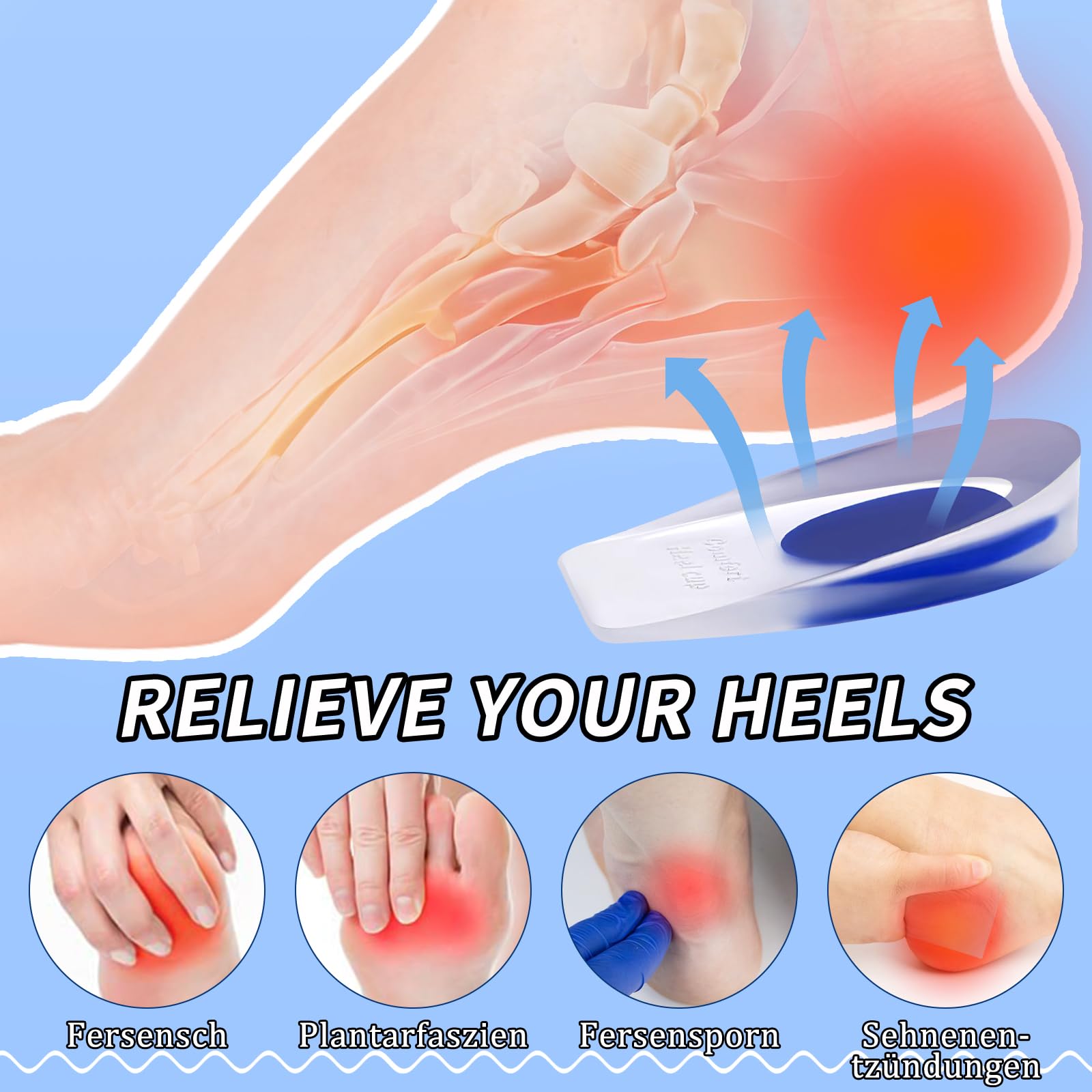 Taloneras Silicona, 5 pares Almohadillas de Gel para Talones Azul, Reducir los Golpes, Aliviar el Dolor Suave, Plantillas Talon para Fascitis Plantar, Espolon Calcaneo, Tendinitis (L)