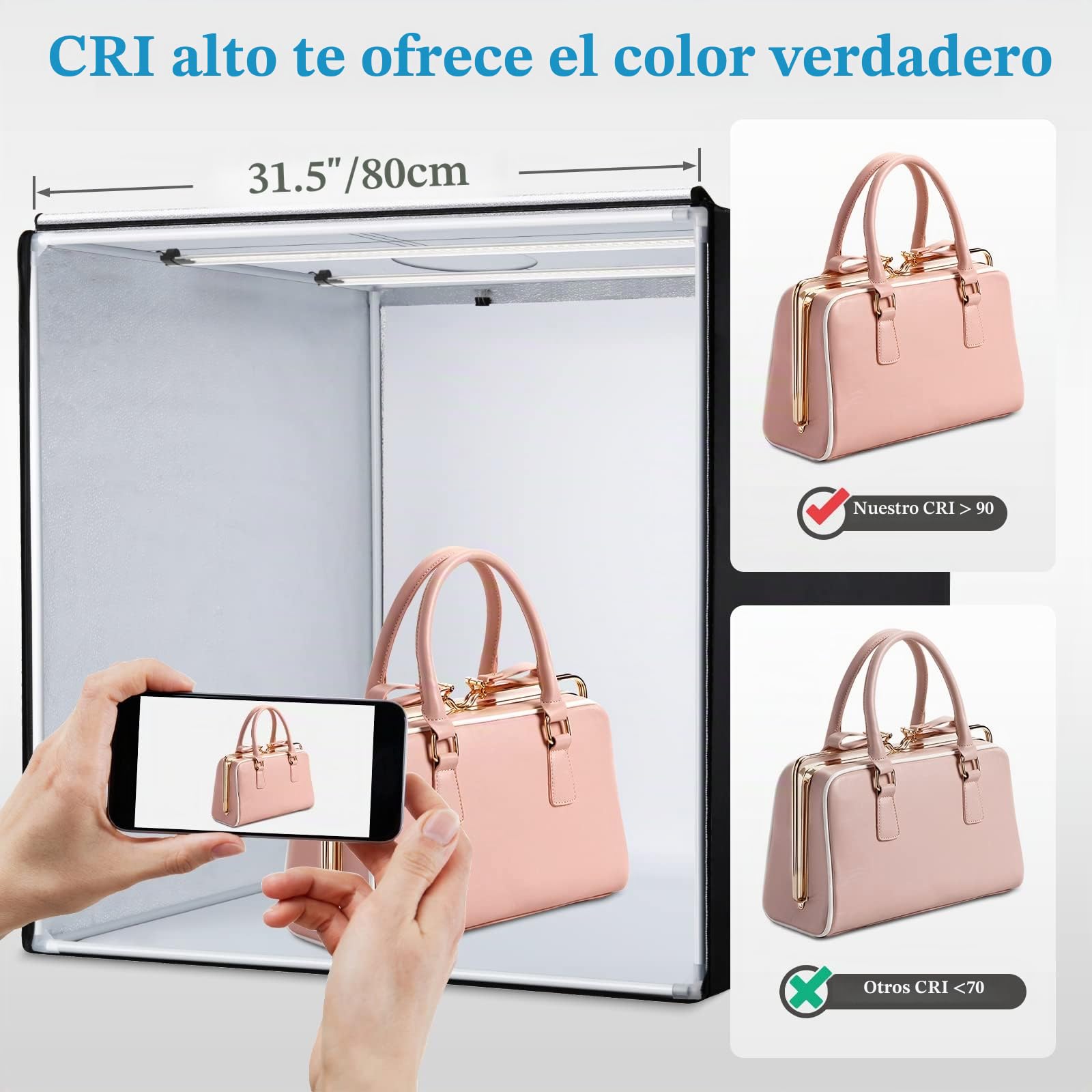 Caja de estudio fotográfico, 80 x 80 x 80 cm portátil, plegable, caja de luz para fotografía, tienda de campaña con luces LED de alta intensidad CRI95 y 5 telones de fondo para fotografía de productos