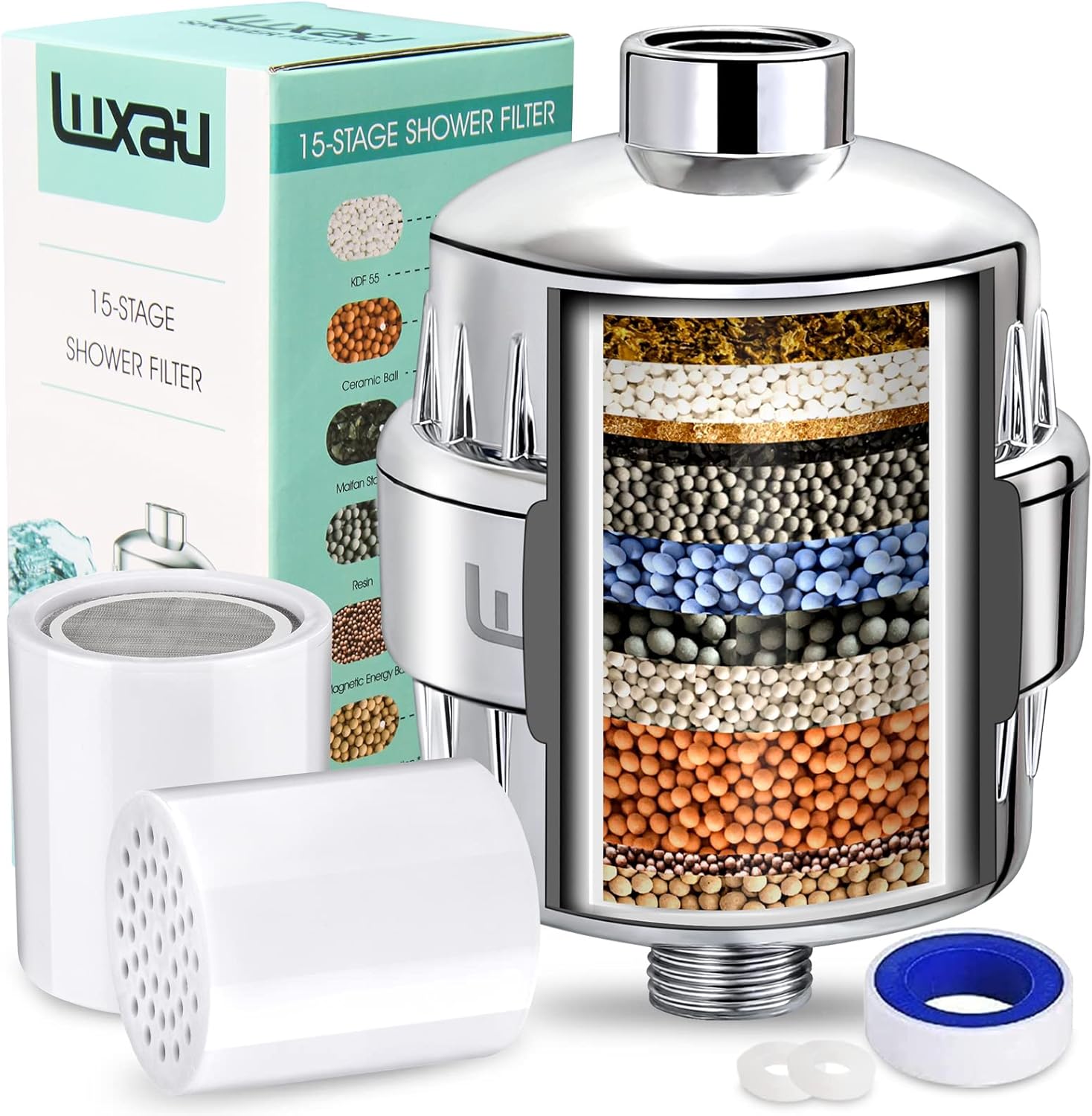 Luxau Shower Filter w/ 2 Cartridge, Shower Head Filter 15 Stage, Reduce