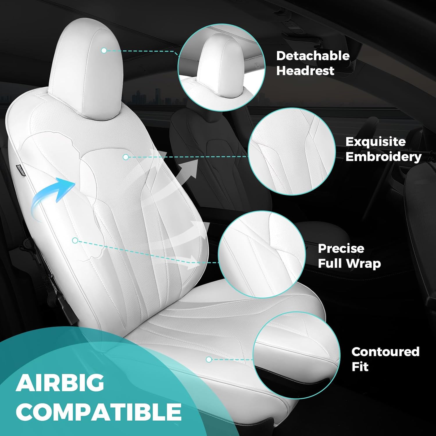 Upgrade for Tesla Model Y Seat Covers 2024 2023 2022 2021 2020(Not Fit 2025/2026) 5-Seater, Full Set Custom Fit, Waterproof Faux Leather, Breathable & Easy to Install – White
