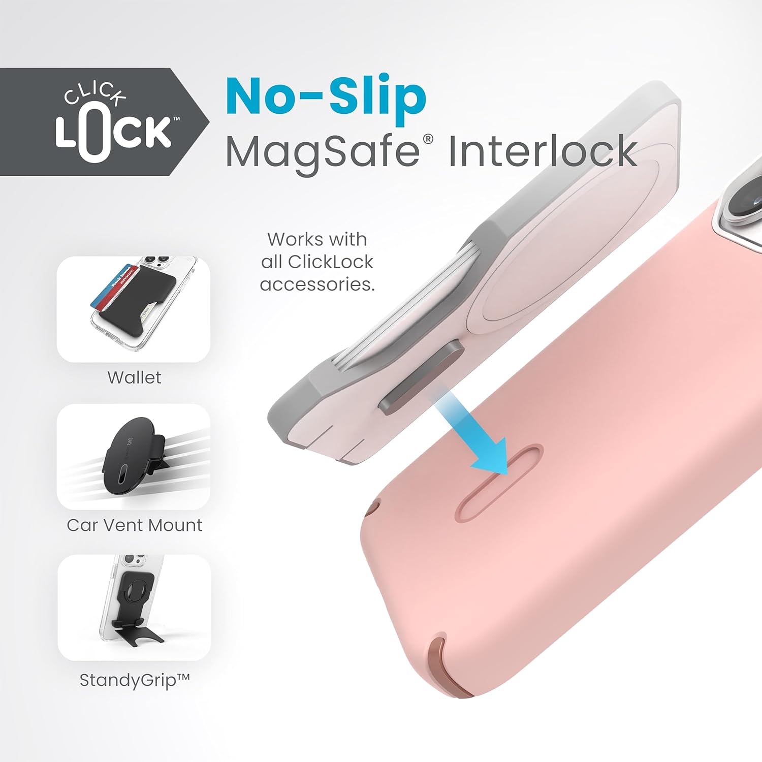 Speck iPhone 15 Pro Case - ClickLock No-Slip Interlock, Built for MagSafe, Drop Protection - Scratch Resistant, Soft Touch, 6.1 Inch Phone Case - Presidio2 Pro Dahlia Pink/Rose Copper/White