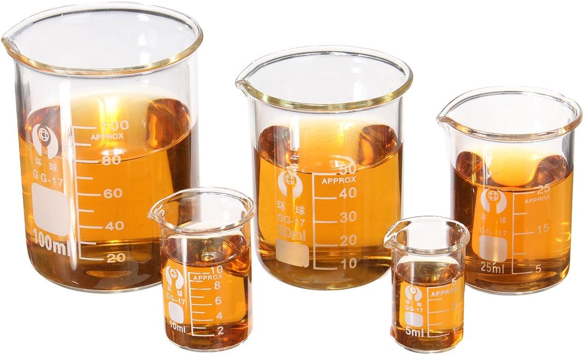 New 5Pcs Graduated Borosilicate Glass Beaker 5ml 10ml 25ml 50ml 100ml Set Measuring Laboratory Glassware
