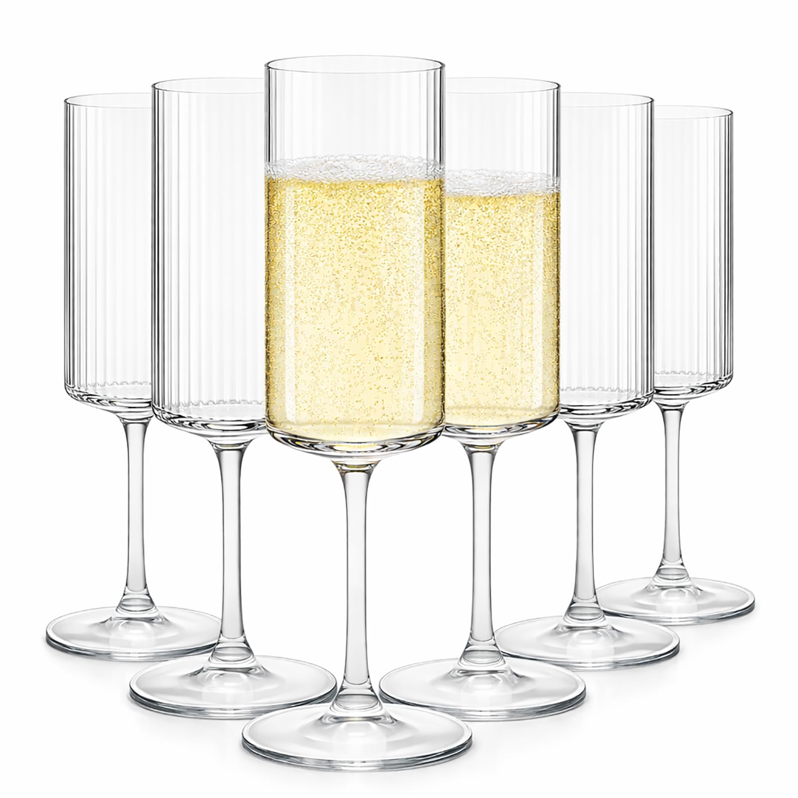 Champagne Flutes Set of 6, 185ml Prosecco Glasses, Ribbed Champagne Glasses with Tall Stem, Clear Sparkling Wine Glasses, Lead-Free Glass Flutes for Wedding, Party, Anniversary, Christmas and Mimosas