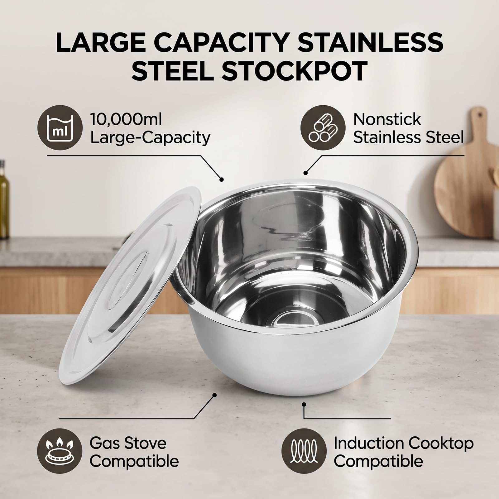 RIZGHWOY Pentola in Acciaio Inox, Casseruola Grande 32 Cm 10000 Ml, for