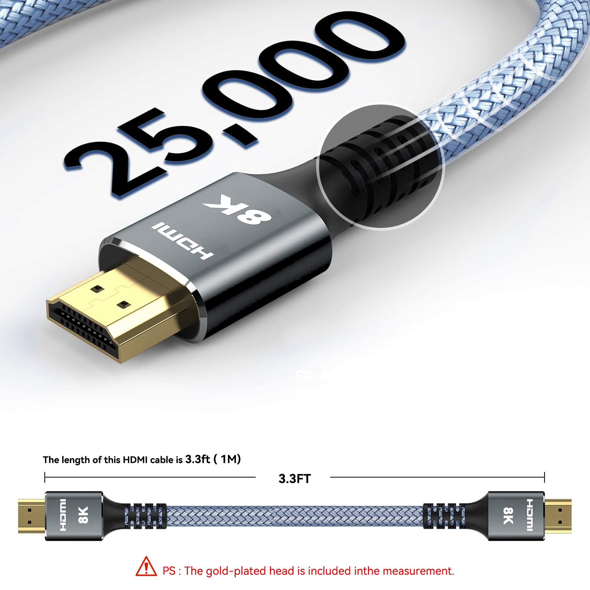Cavi HDMI 2.1 8K, confezione da 5 pezzi, ultra alta velocità 4K/8K. Supporta 165/180/240Hz, HDR10, HDCP2.3, ARC/eARC, 3D, compatibile con soundbar, Roku, PC e Home Theater, TV, PS5