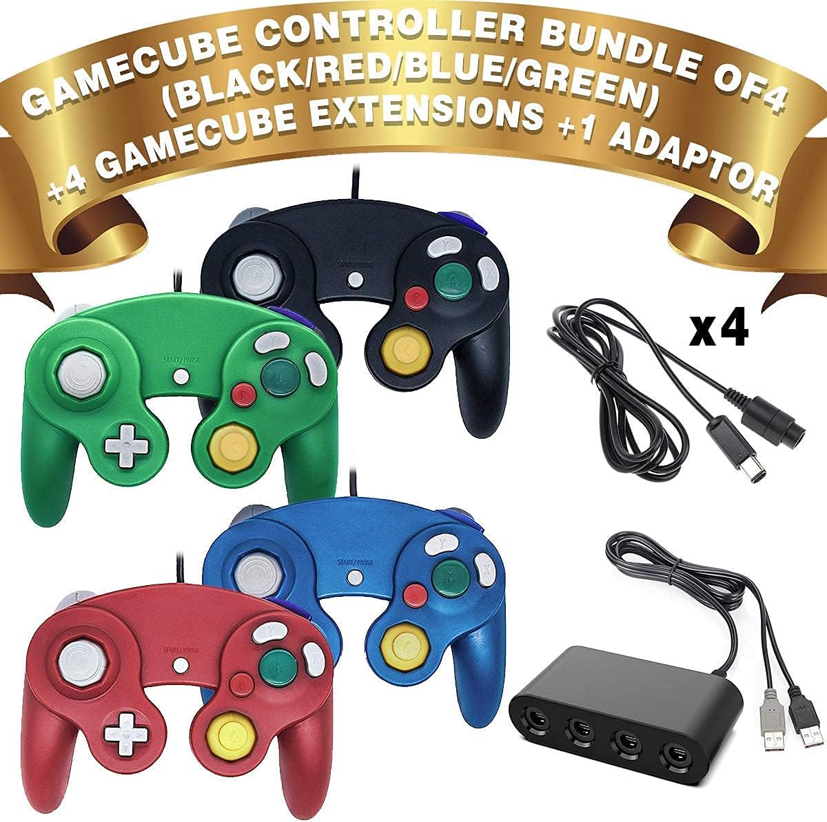 4 Controllers for Gamecube，with 4 Extension Cables and 4-Port USB Adapter for Switch PC Wii U Console (BBRG) (Renewed)