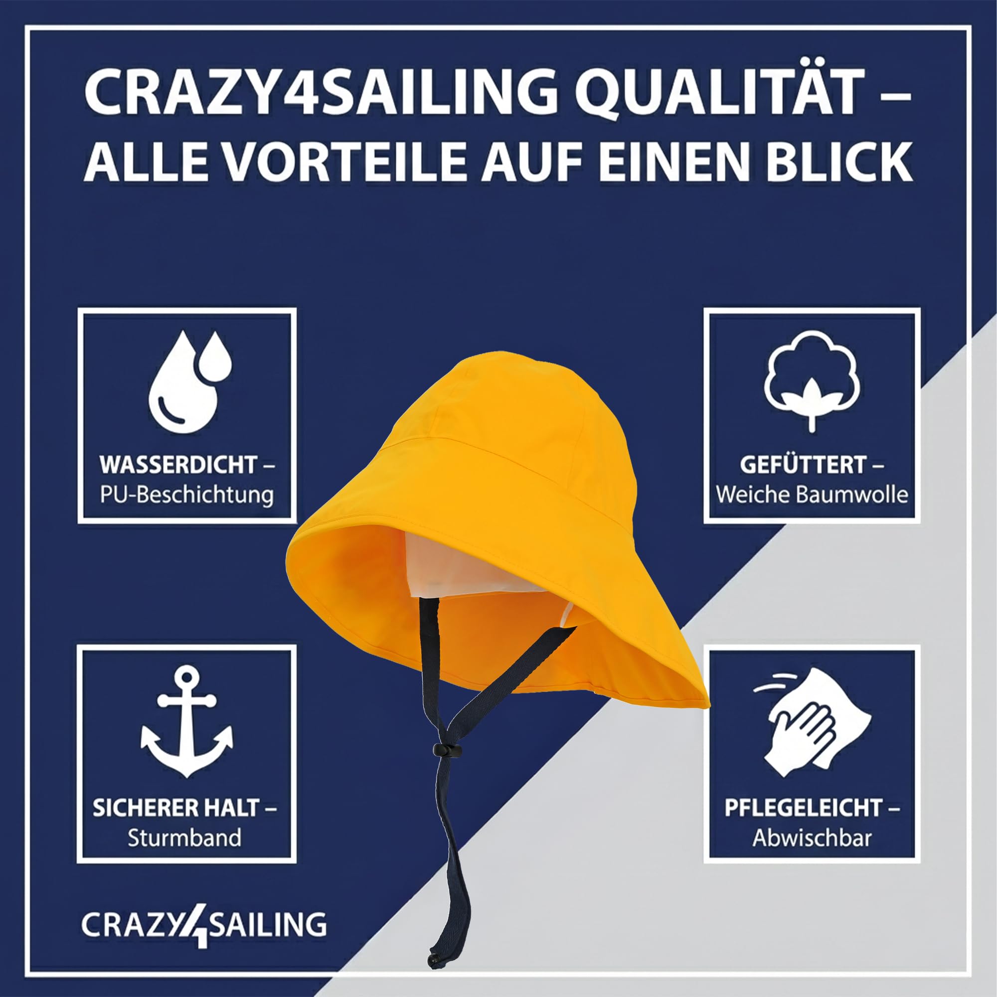 crazy4sailing Südwester Storm - Sombrero de lluvia para hombre y mujer, impermeable, con forro y correa para la barbilla, gorro de lluvia clásico para vela, pesca y exterior, resistente al viento y