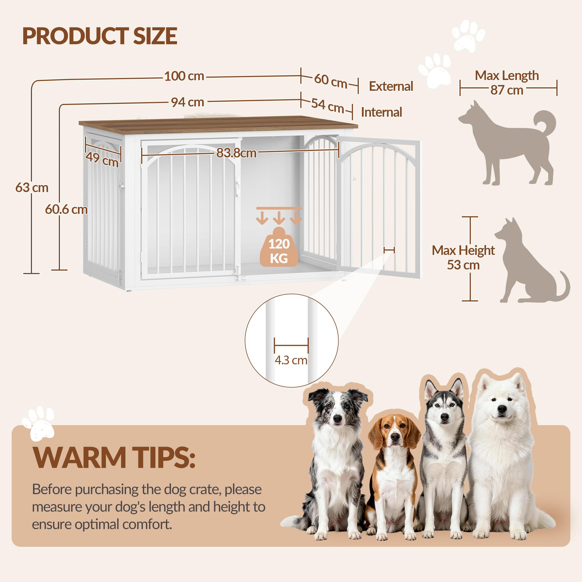 Cage pour Chien, 100cm Meuble Cage Chien et 4 Portes, Cages Bois pour Chiens, Table d'appoint, pour Chiens de Taille Moyenne à Grande, Niche D'intérieur, 100 x 60 x 63 cm, Marron et Blanc