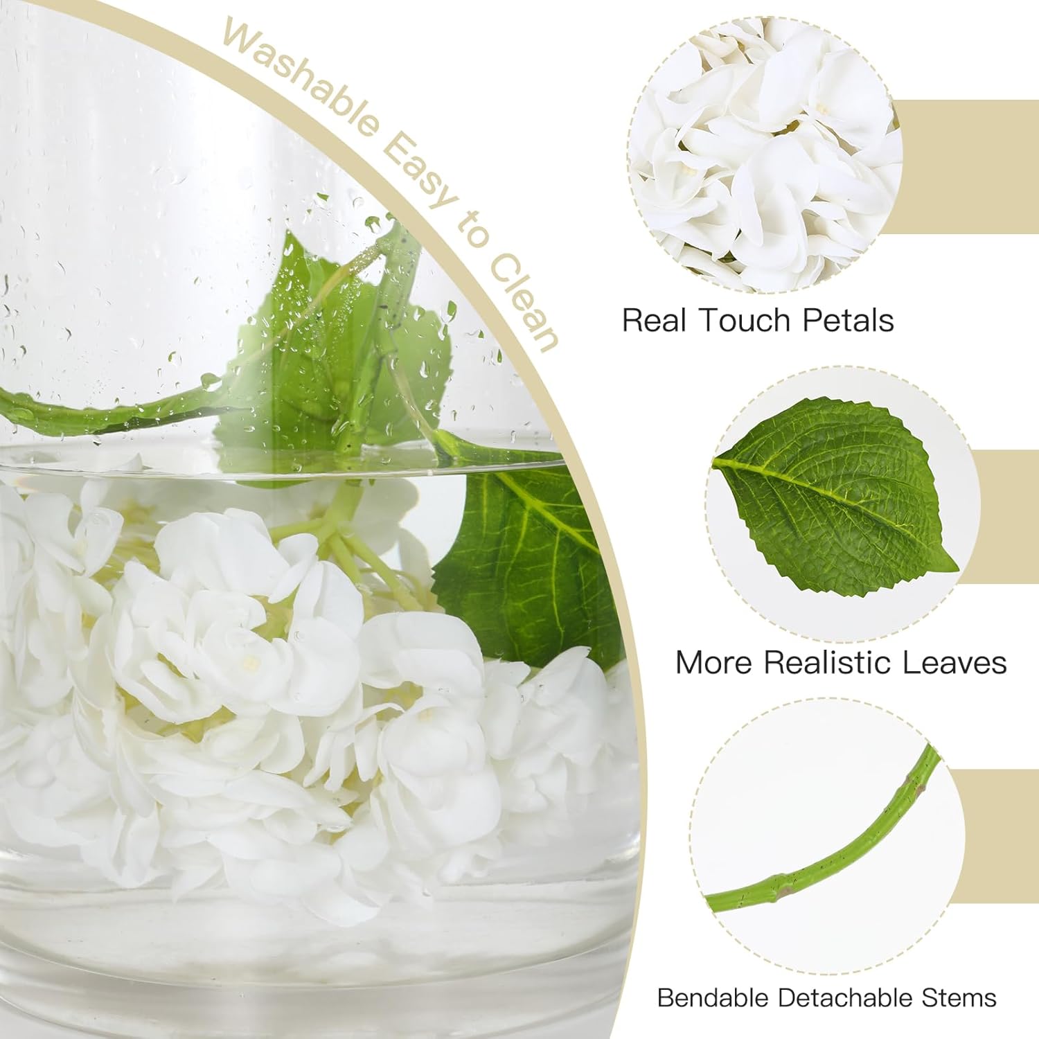 3Pcs Hydrangea Artificial Flowers, 22.44" Real Touch Latex Faux Hydrangea with Long Stems & Leaves for Home Office Decor or Wedding, Party, Centerpieces, Floral Arrangements (White) - Image 8