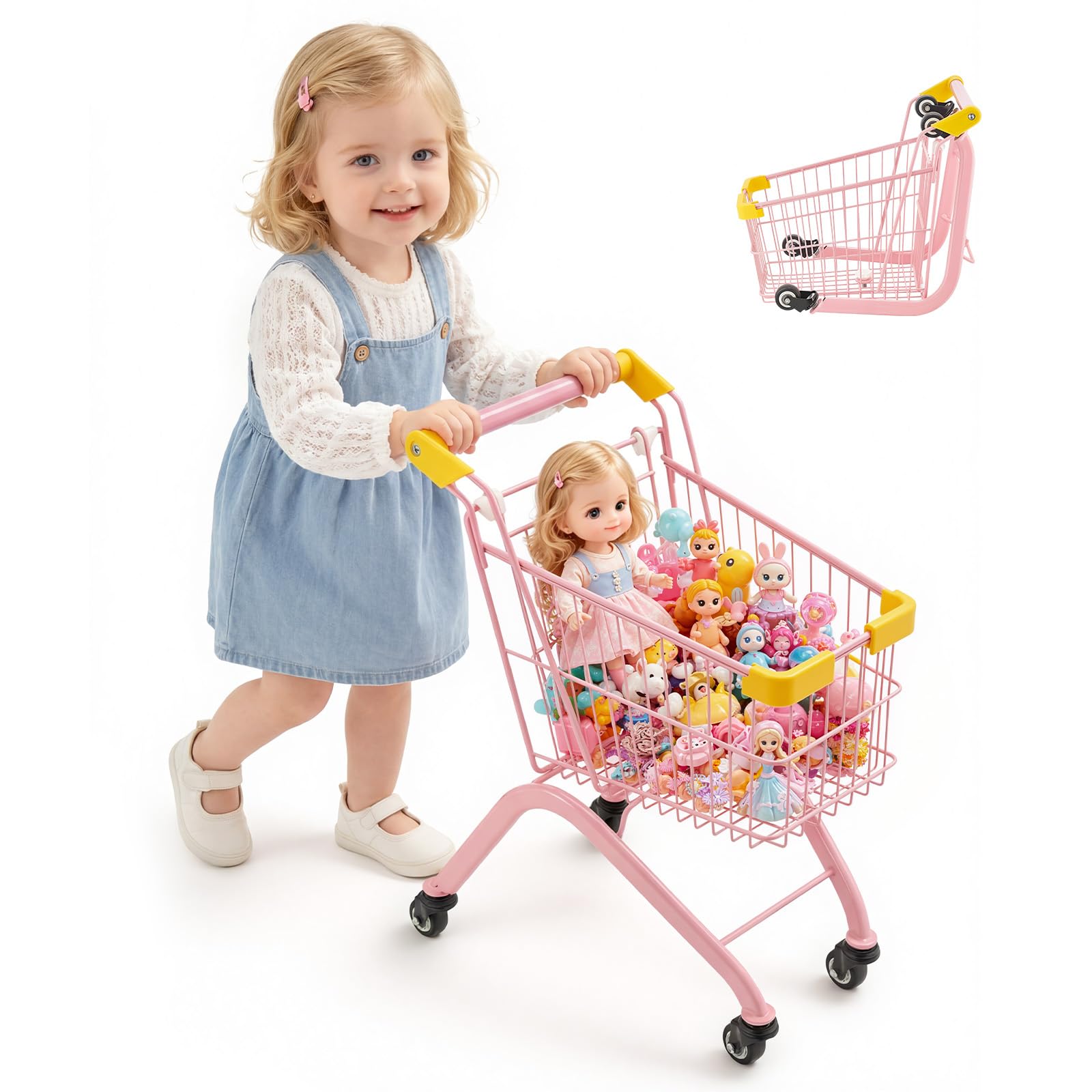 VEVOR Einkaufswagen für Kinder, Einkaufswagen Supermarkt Spielzeug mit Stahlrahmen 4 Rädern & Dichtem Netzkorb, Faltbares Kaufladenzubehör mit 30kg Belastbarkeit, Kaufmannsladen Spiele für Kinder ab 3