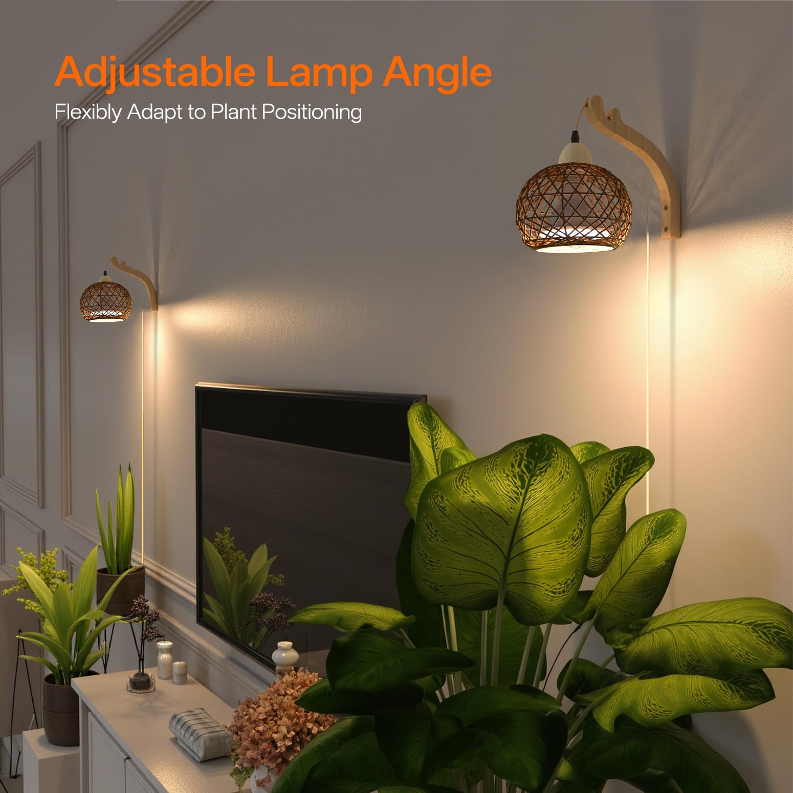 Bstrip Wiszące lampy do uprawy roślin domowych, 18 W, pełne spektrum, rattanowa latarnia boho, 3800 K, naścienna, dekoracyjna lampa do roślin z przewodem zasilającym 9,8 m, idealna dla wysokich roślin