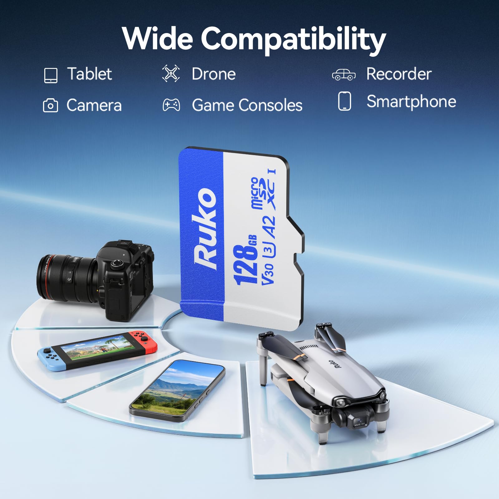 Ruko Scheda Micro SD da 128 G con lettore e adattatore, velocità fino a 100 MB/s, UHS-I, C10, A2, U3/V30, 4K UHD, scheda TF a lunga durata per fotocamera, smartphone, drone, console di gioco