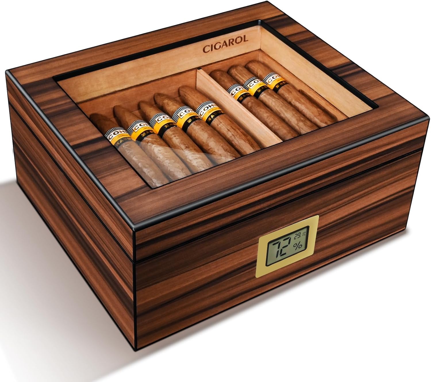 Volenx Cigar Humidor, Cedar Wood Humidor Cigar Box with Digital Hygrometer, Humidifiers, Glass-Topped Handcrafted Cigar Humidor Box for 30-50 Cigars