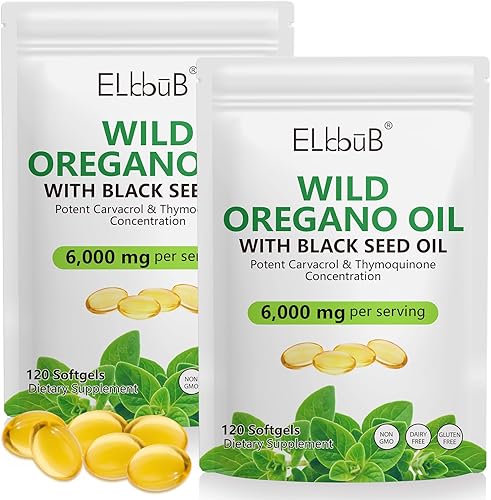 ELBBUB Aceite de orégano con aceite de semilla negra, 6000 mg de cápsulas blandas de orégano de alta resistencia, 120 unidades, sin gluten, sin OMG,