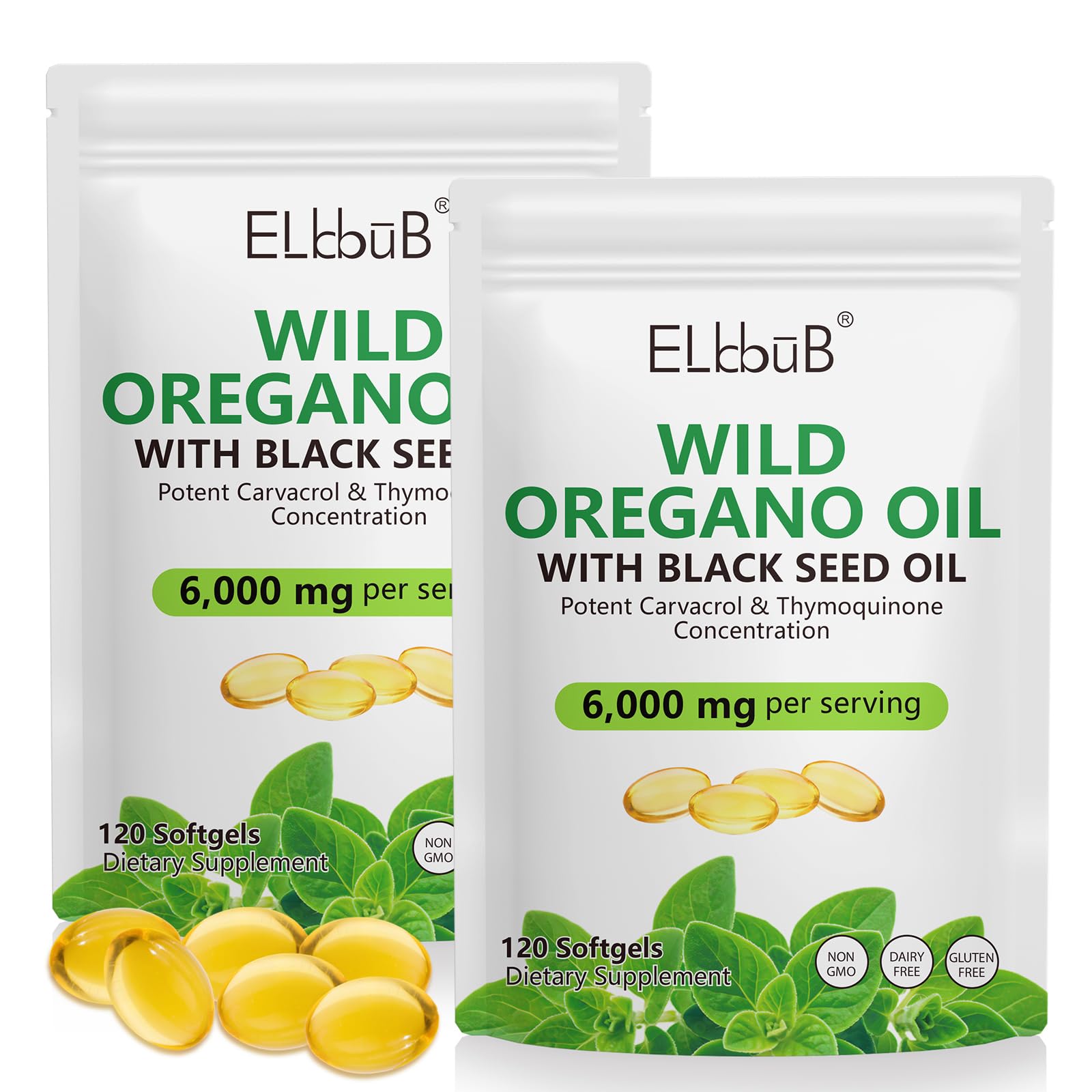 ELBBUB Oil of Oregano with Black Seed Oil - 6000mg Oregano Oil + 200mg Black Seed Oil per Serving, High Carvacrol, Non-GMO, Gluten Free, Easy to