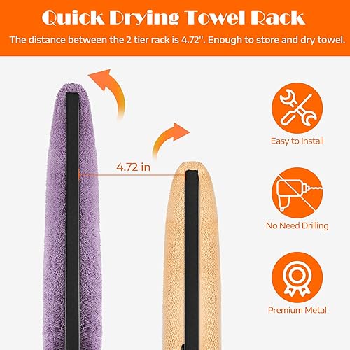 Miniatura 7 de Toalleros independientes de 2 niveles para toallas pequeños para baño, color negro mate, de acero inoxidable, toallero industrial para toallas de