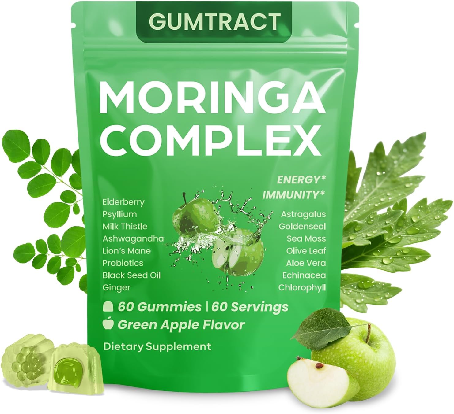 Moringa Gummies for Women & Men, 16-in-1 Sugar-Free Superfood Complex with Sea Moss, Chlorophyll, Turmeric, Ginger & Ashwagandha | Energy, Immune & Skin Support | Vegan & Gluten-Free | 60 Count