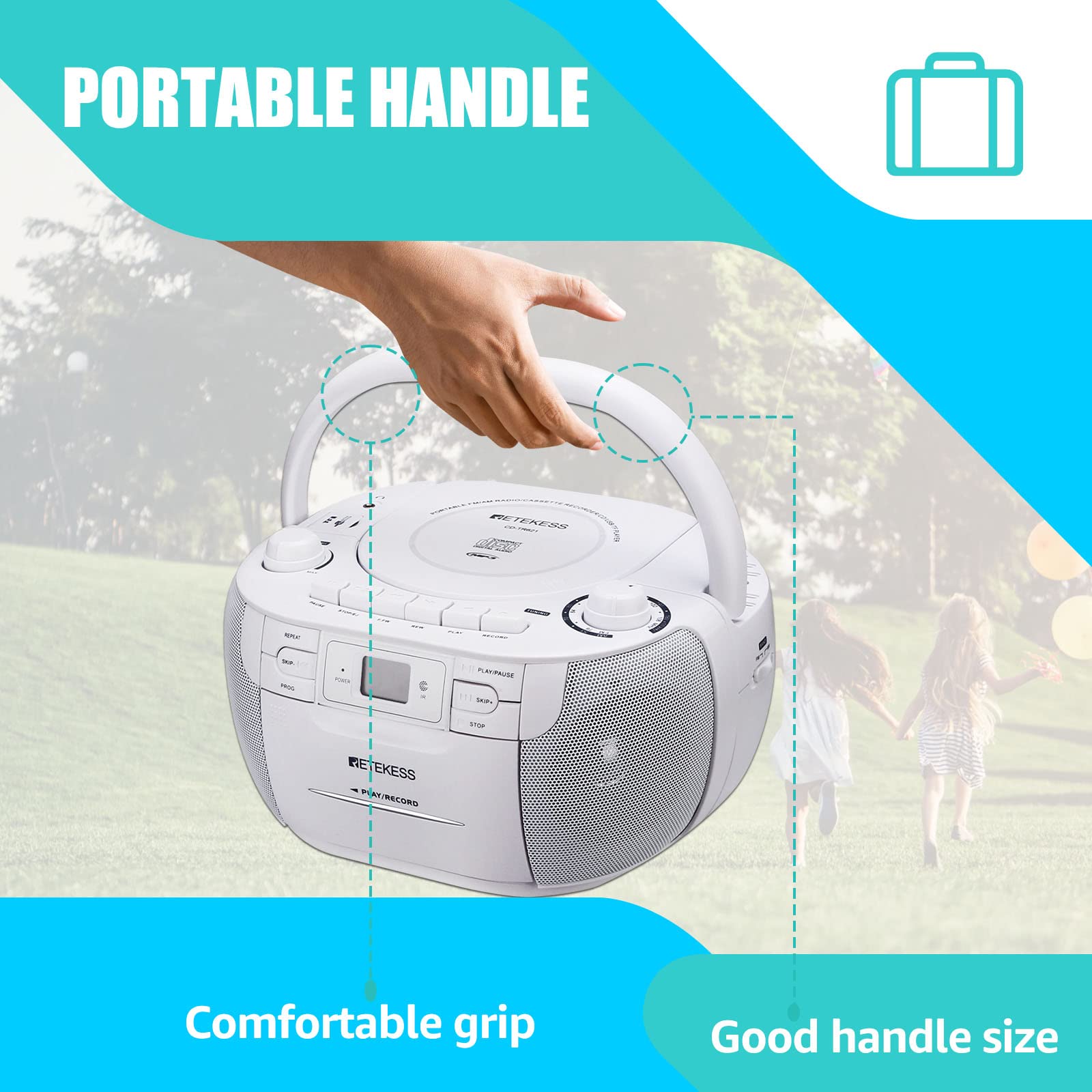 Retekess TR621 Poste Radio CD Lecteur Cassette Audio Boombox Stereo Enregistrement Télécommande USB TF Casque Radio Portable Blanc