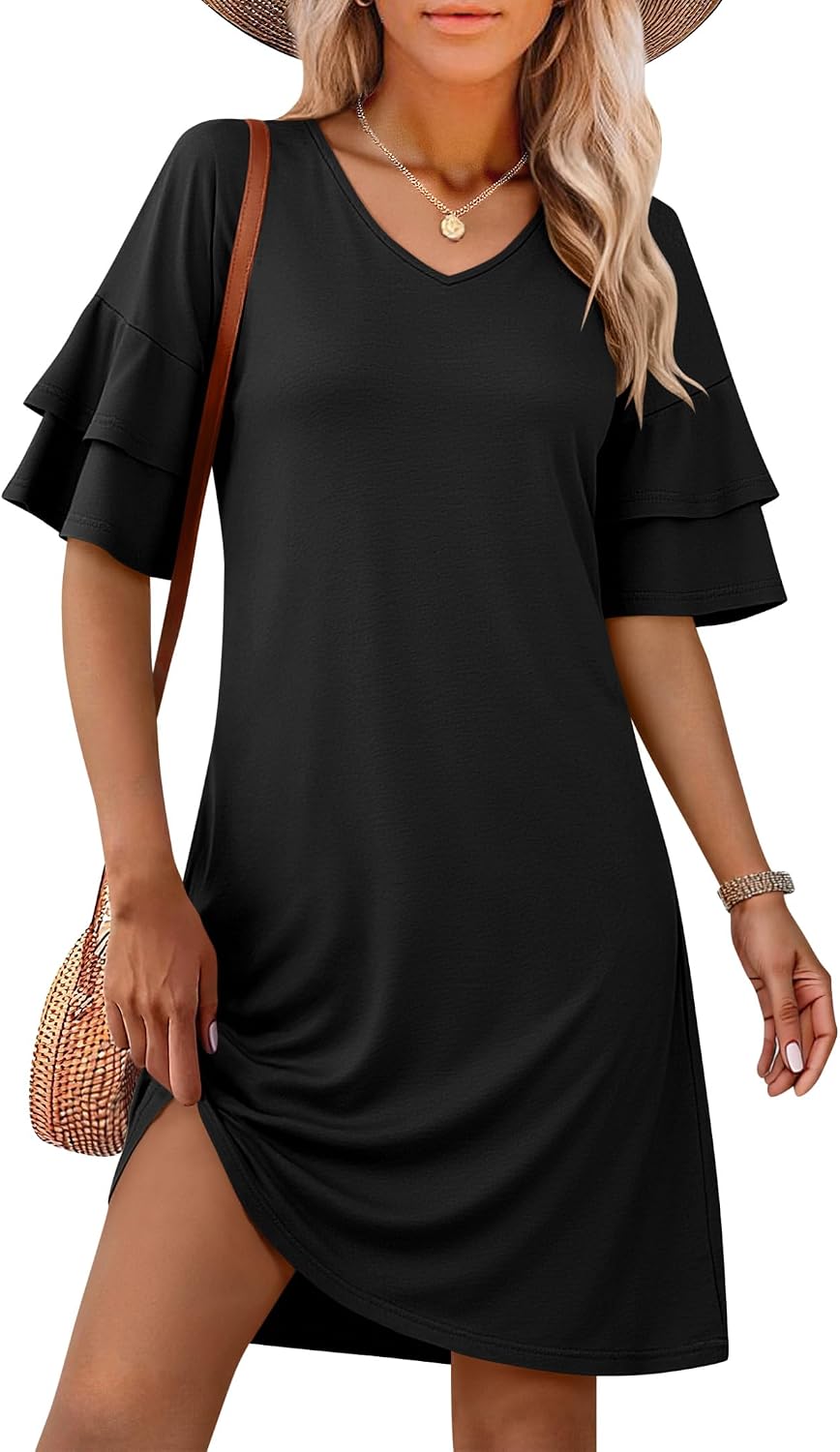 ANRABESS Womens Summer Dresses 2026 Ruffle Sleeve V Neck Casual A Line Tshirt Mini Dress Beach Vacation Clothes with Pockets