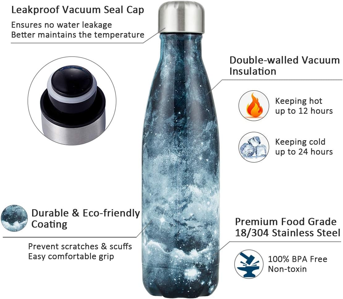 HGDGears Water Bottle 17oz/500ml, Double Wall Vacuum Stainless Steel Insulated Travel Mug Leakproof Sports Drinks Bottle(Black Starry) - Image 4