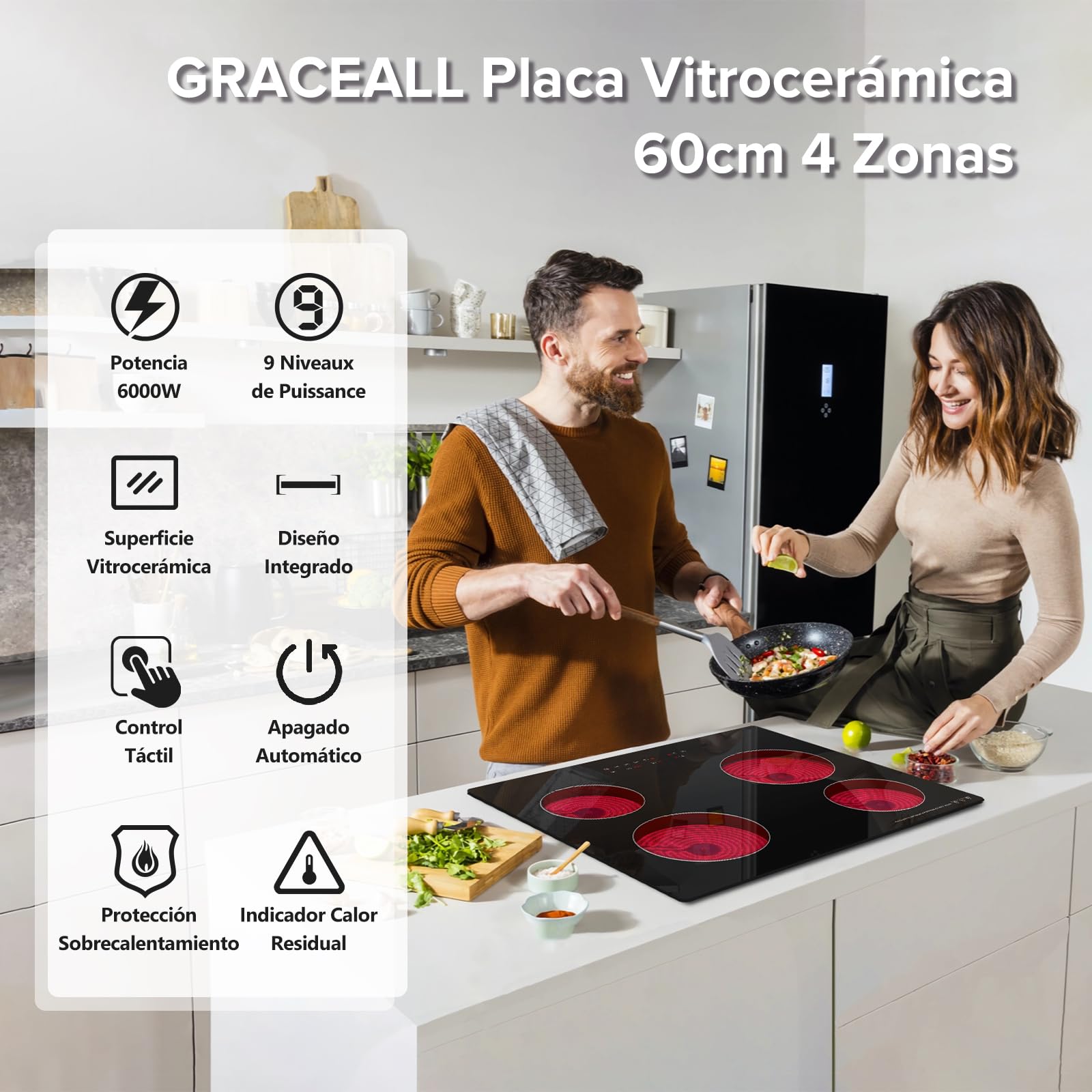 Placa Vitrocerámica 60 cm 4 Zonas, 6000W Placa Eléctrica con Control Táctil, 9 Niveles de Potencia, Temporizador, Pausa, Mantener Caliente, Bloqueo Infantil, Uso Empotrado o Sobremesa
