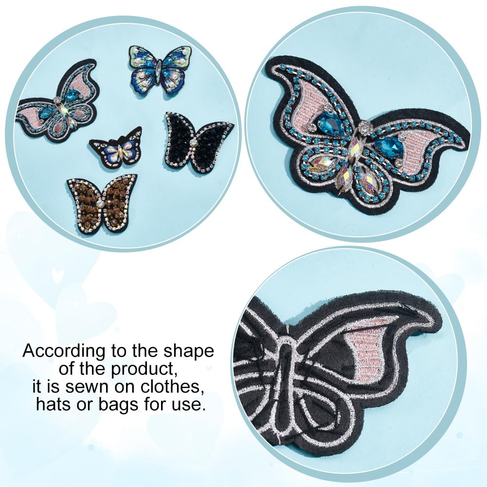 AHANDMAKER 5 Pezzi Toppe Applique con Perline e Strass a Forma di Farfalla, 5 Stili di Toppe con Perline e Strass da Cucire, Toppe Applique Decorative per Fai da Te, Artigianato, Feste, Vestiti, Jeans