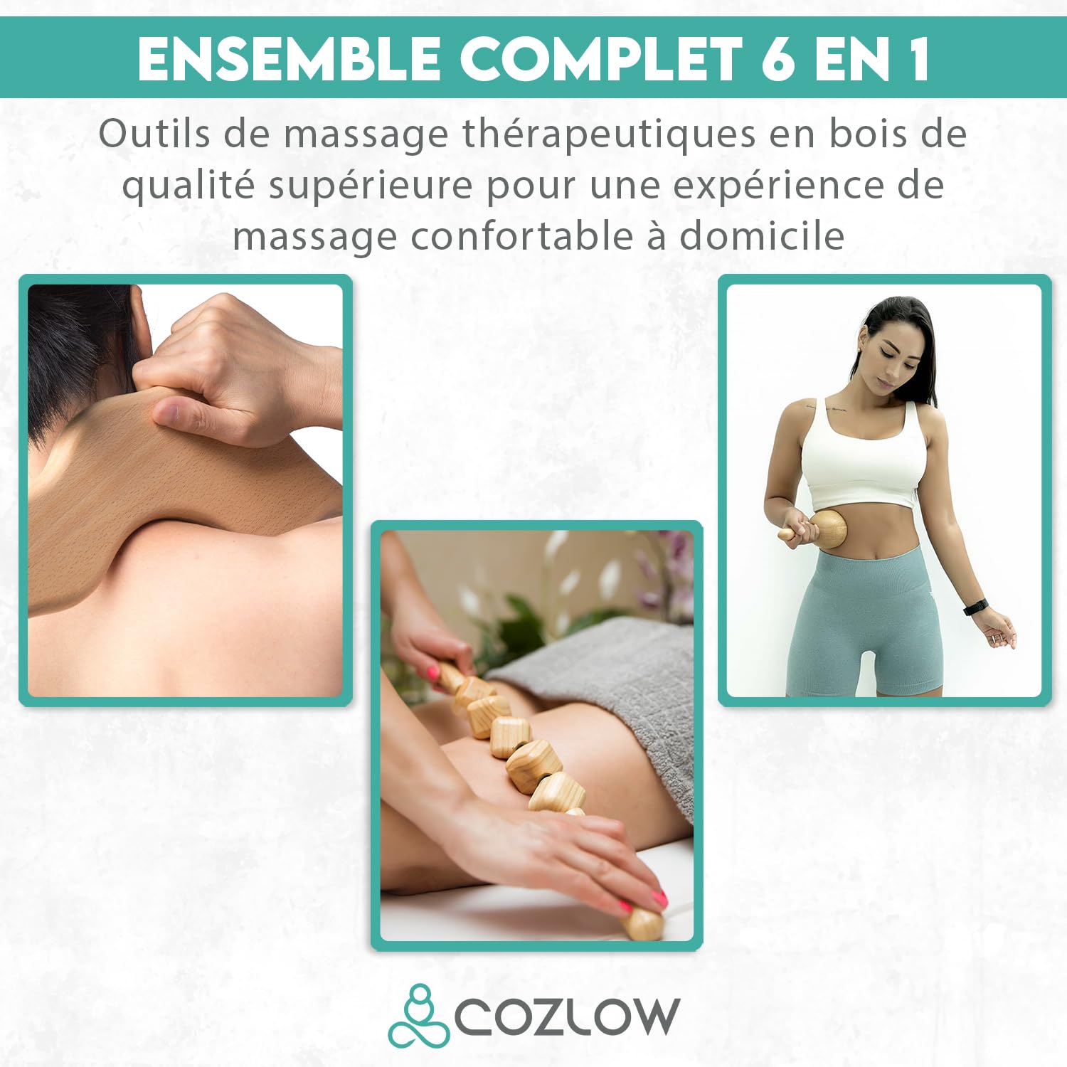 Outils de massage thérapeutique au bois 6 en 1 – Kit de maderoterapia professionnel pour la mise en forme et la sculpture du corps – Bâton de rouleau de massage pour drainage lymphatique – par Cozlow