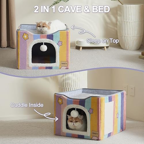 Miniatura 3 de Jiupety Cama para gatos para 2 gatos, casas de gatos para gatos de interior con almohadilla para rascar y juguete de bola para gatos, cama plegable