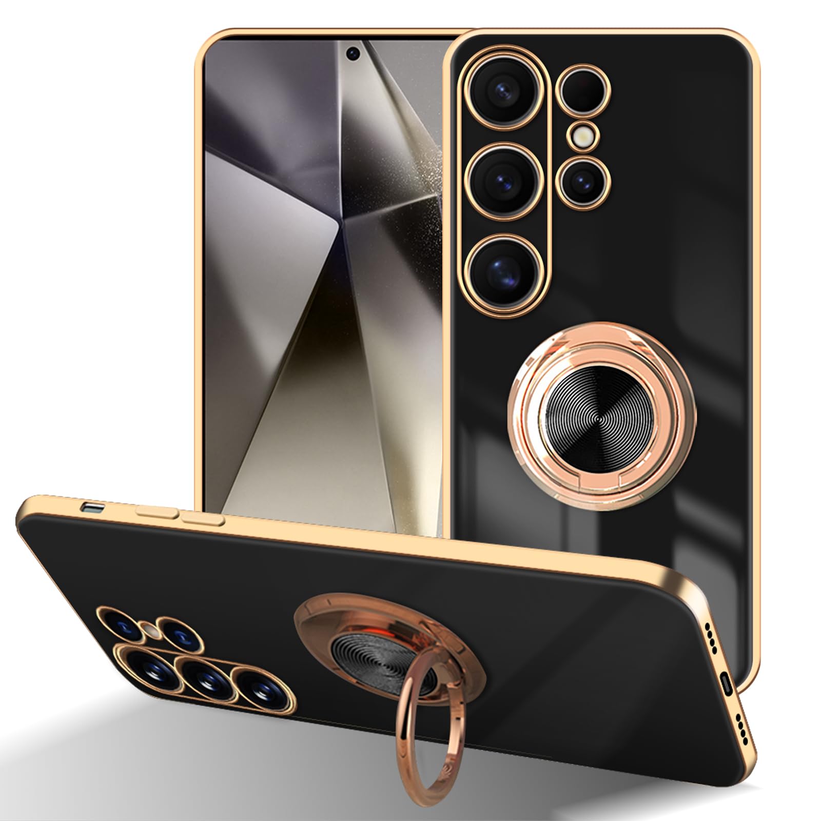 LuFiYa Samsung Galaxy S24 Ultra 5G 用 ケース リング付き カバー TPU素材 スタンド機 ギャラクシー S24 Ultra 用 スマホケース 軽量 耐衝撃 薄い 擦り傷防止 落下防止 車載ホルダー 360°回転 ケース Samsung Galaxy S24 Ultra 5G 対応 (ブラック)