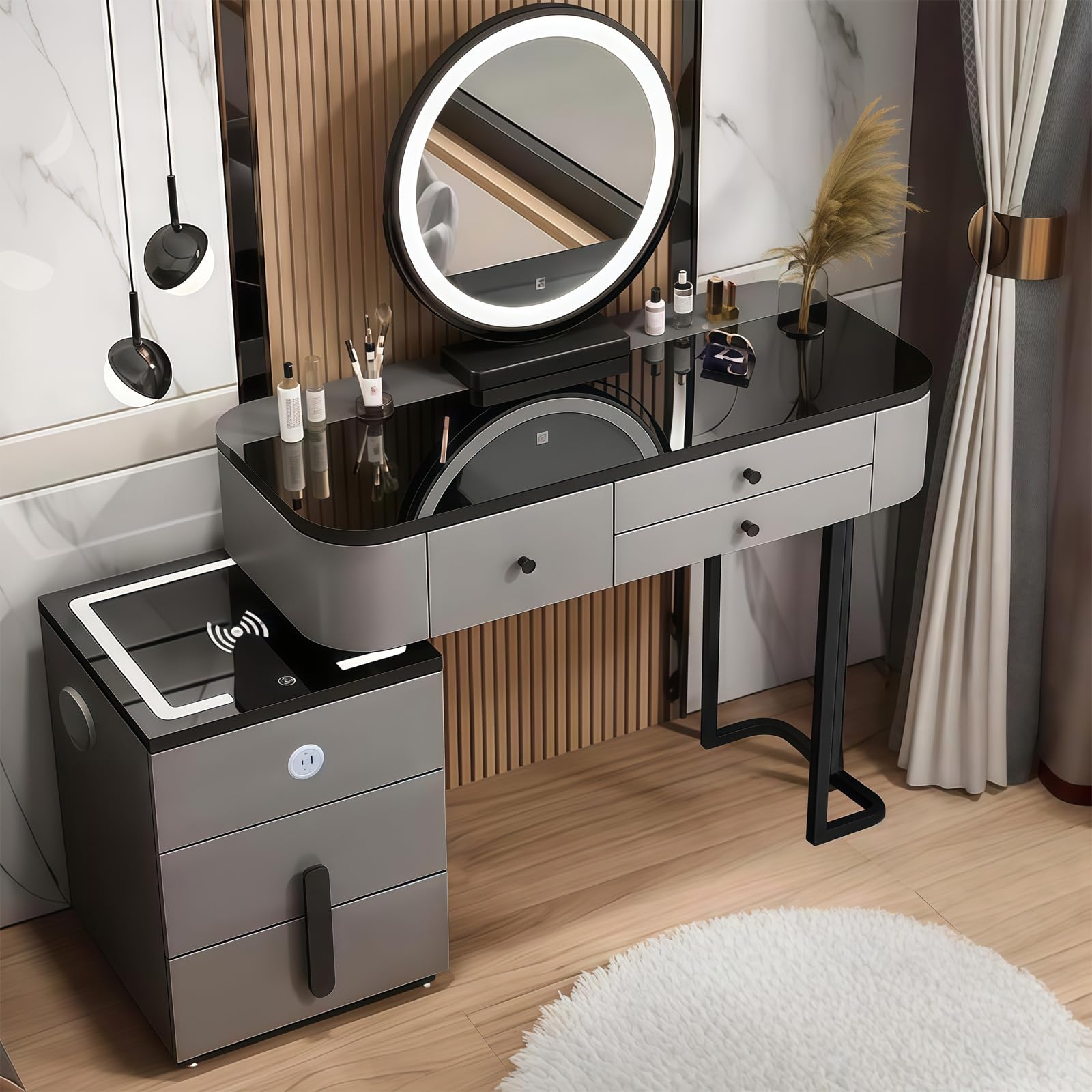 MJKCBD Grey Dressing Table Set with LED Mirror and Drawers