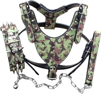 Breed Leather Spiked Studded Dog Harness,Collar & Leashes 3Pcs Set for Medium & Large Dog Pit Bull,Mastiff, Boxer, Bull Terrier Spikes Camo, L
